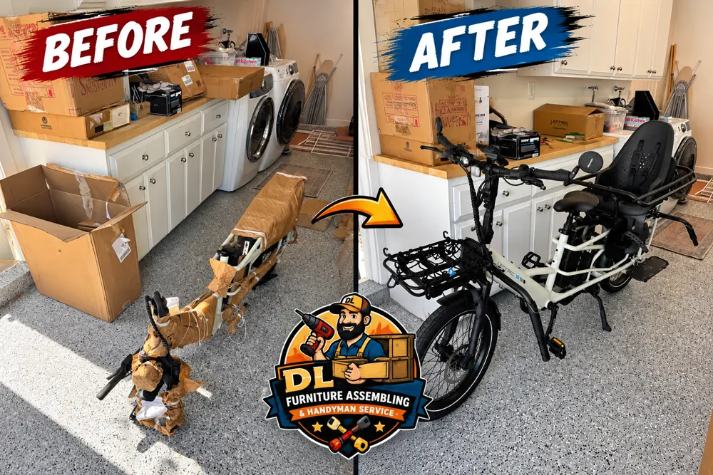 Lectric e-bike assembled from the box in Orange County — before and after