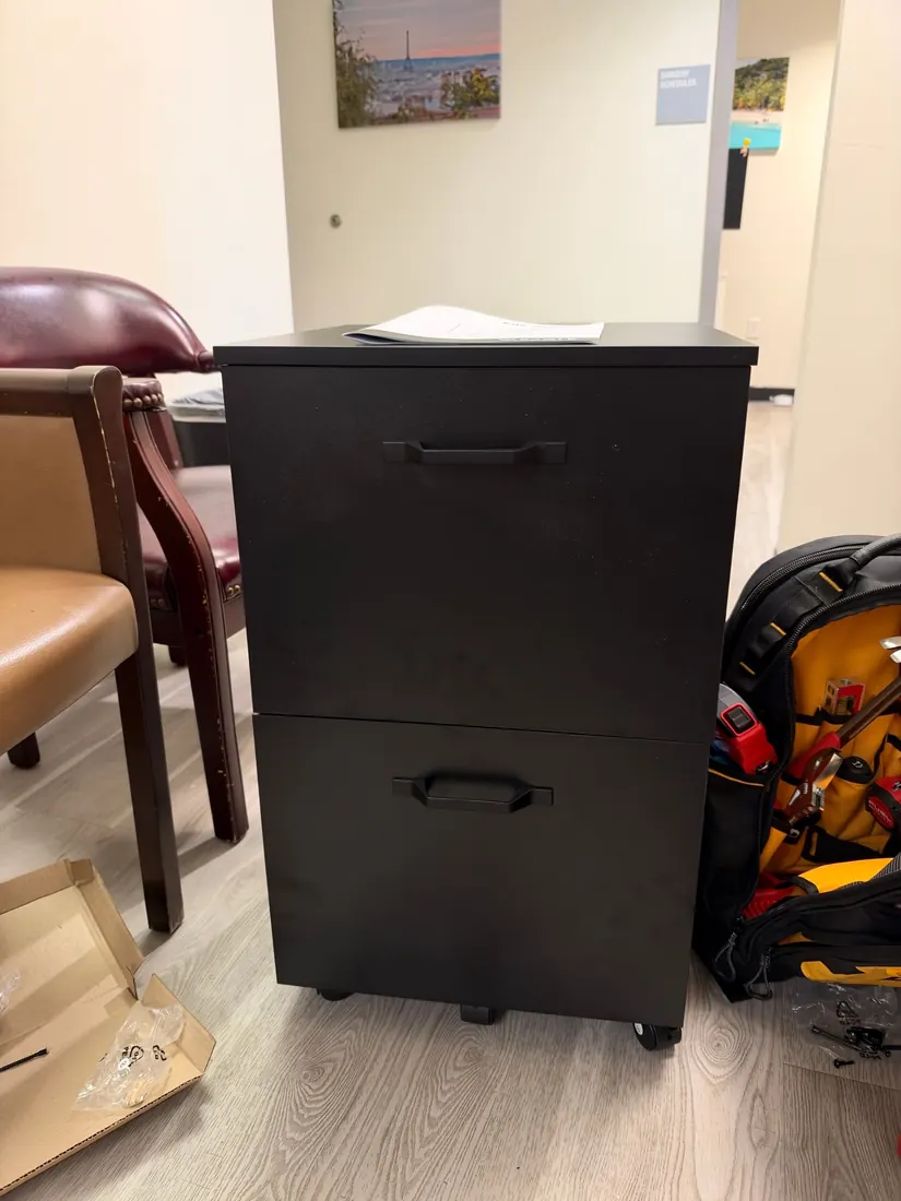 Mobile file cabinet assembled in a Newport Beach office, October 2026