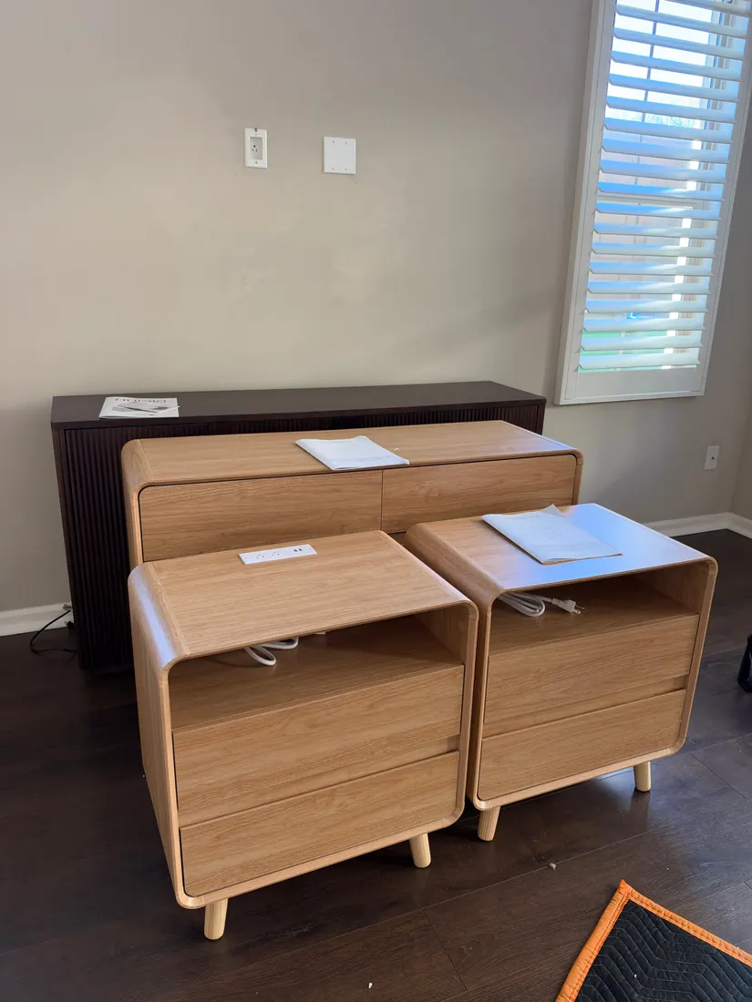 Oak dresser and two nightstands assembled in Irvine, October 2026