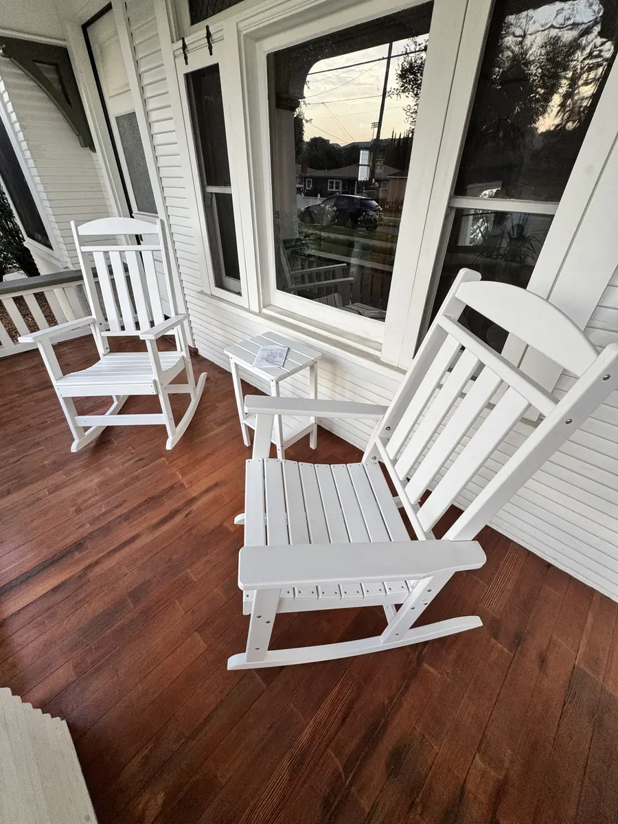 White porch rocking chairs and side table assembled in Orange County