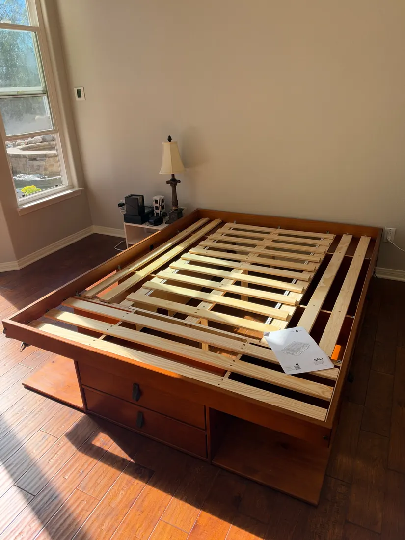 Storage platform bed with drawers and shelves assembled in Laguna Niguel, October 2026