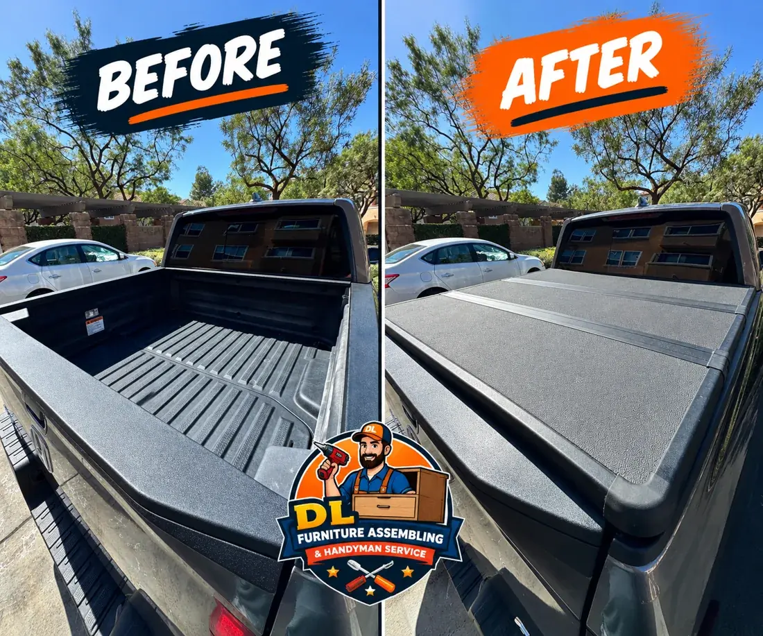 Tonneau cover installation before and after on a pickup truck bed in Orange County, CA